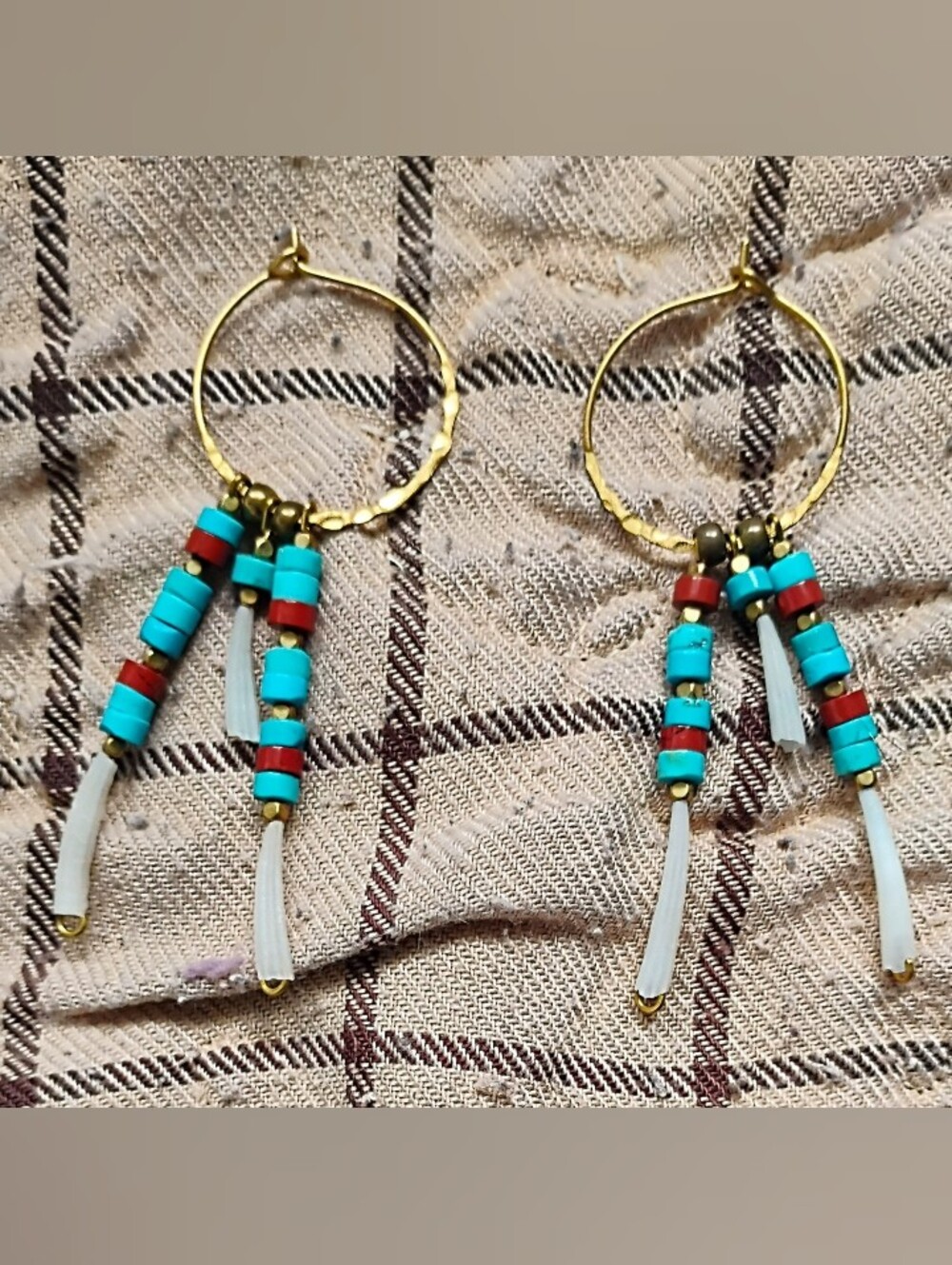 Handmade Turquoise, Red Jasper, and Tusk Shell Dangle Hoops - Picture 3 of 3